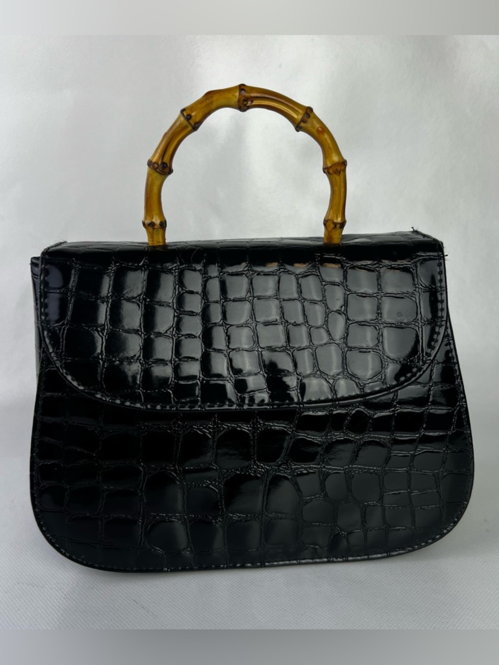 Black Croc Embossed Top Handle with shoulder Strap Bag